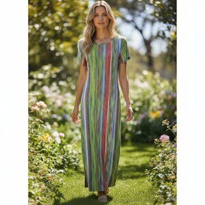 Lexington Avenue Women’s S Multicolor Striped Short Sleeve Maxi Dress Tie Waist